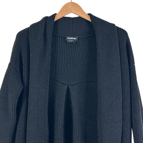 Bebe Longline Open Front Ribbed Knit Duster Cardigan Black - Picture 2 of 11